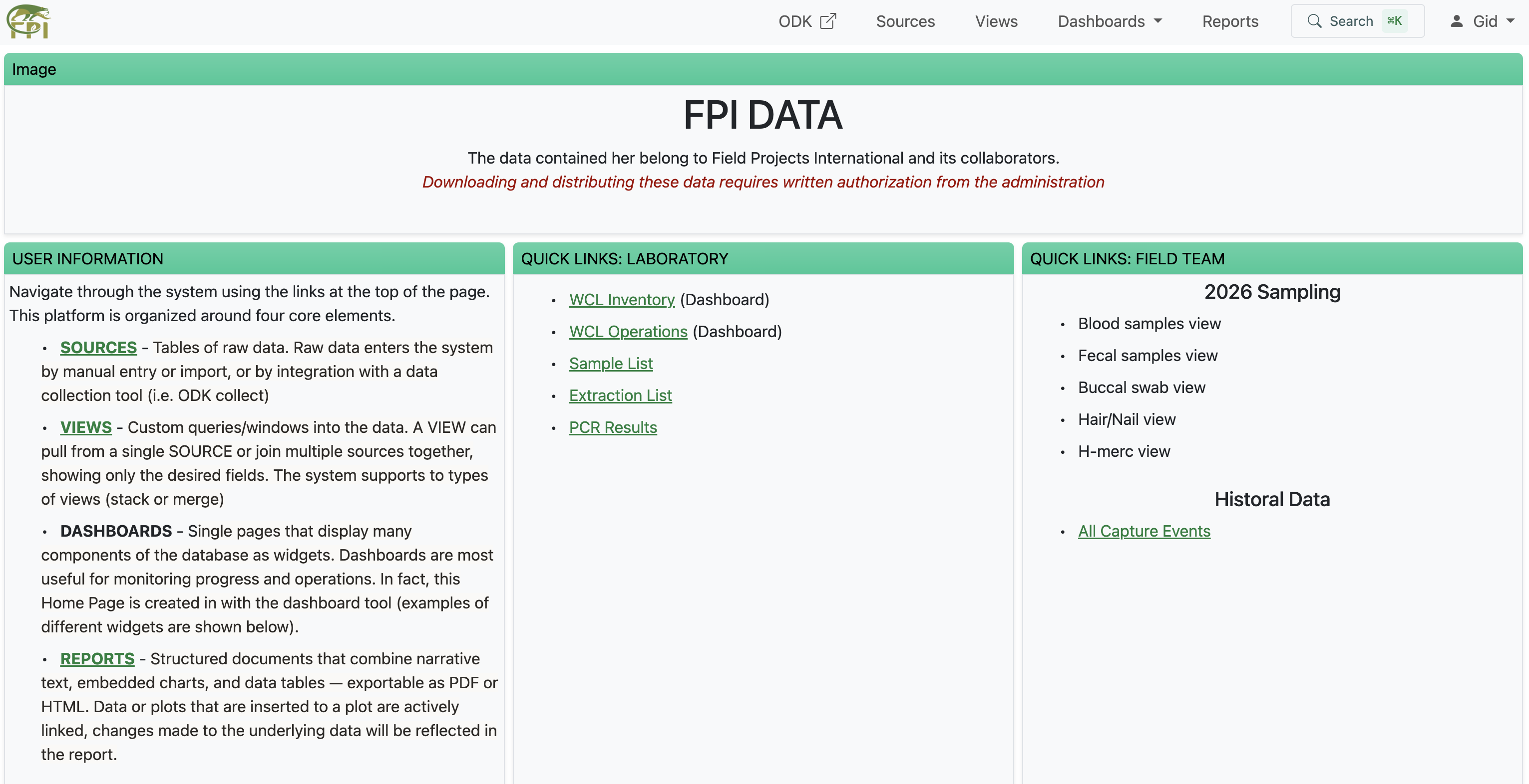 An example workspace homepage dashboard titled 'FPI DATA' with panels for User Information, Quick Links: Laboratory, and Quick Links: Field Team — each containing a curated set of source and dashboard shortcuts.